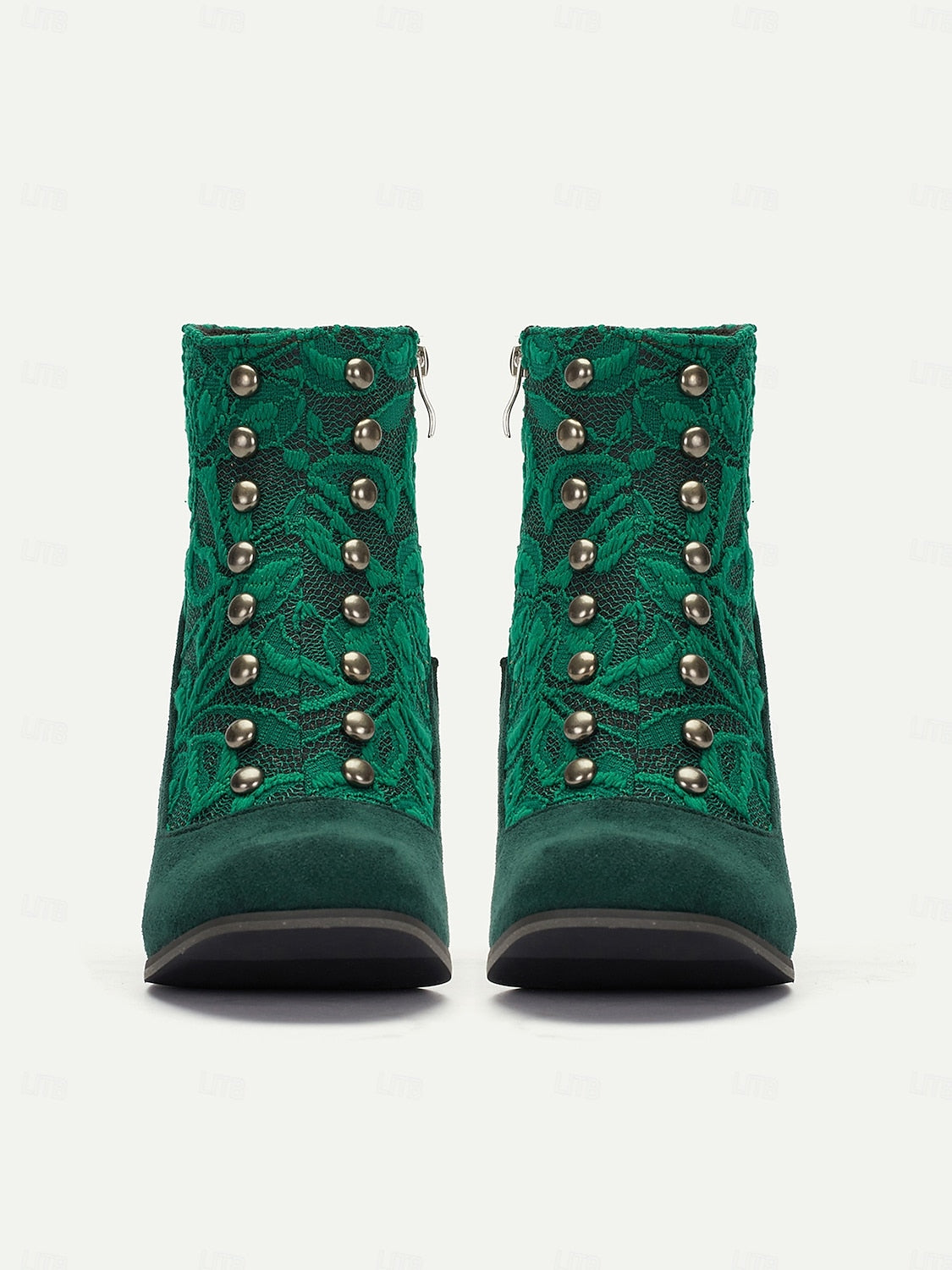 Women's Green Faux Suede Ankle Boots with Snap-Button, Lace Overlay and Side Zipper