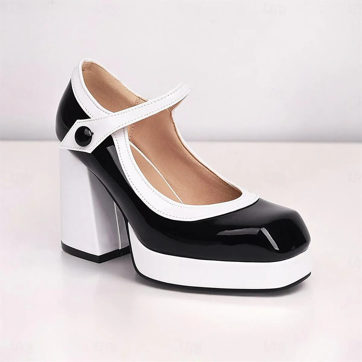 Black and White Platform Mary Jane Heels with Strap for Women - Tokiyos