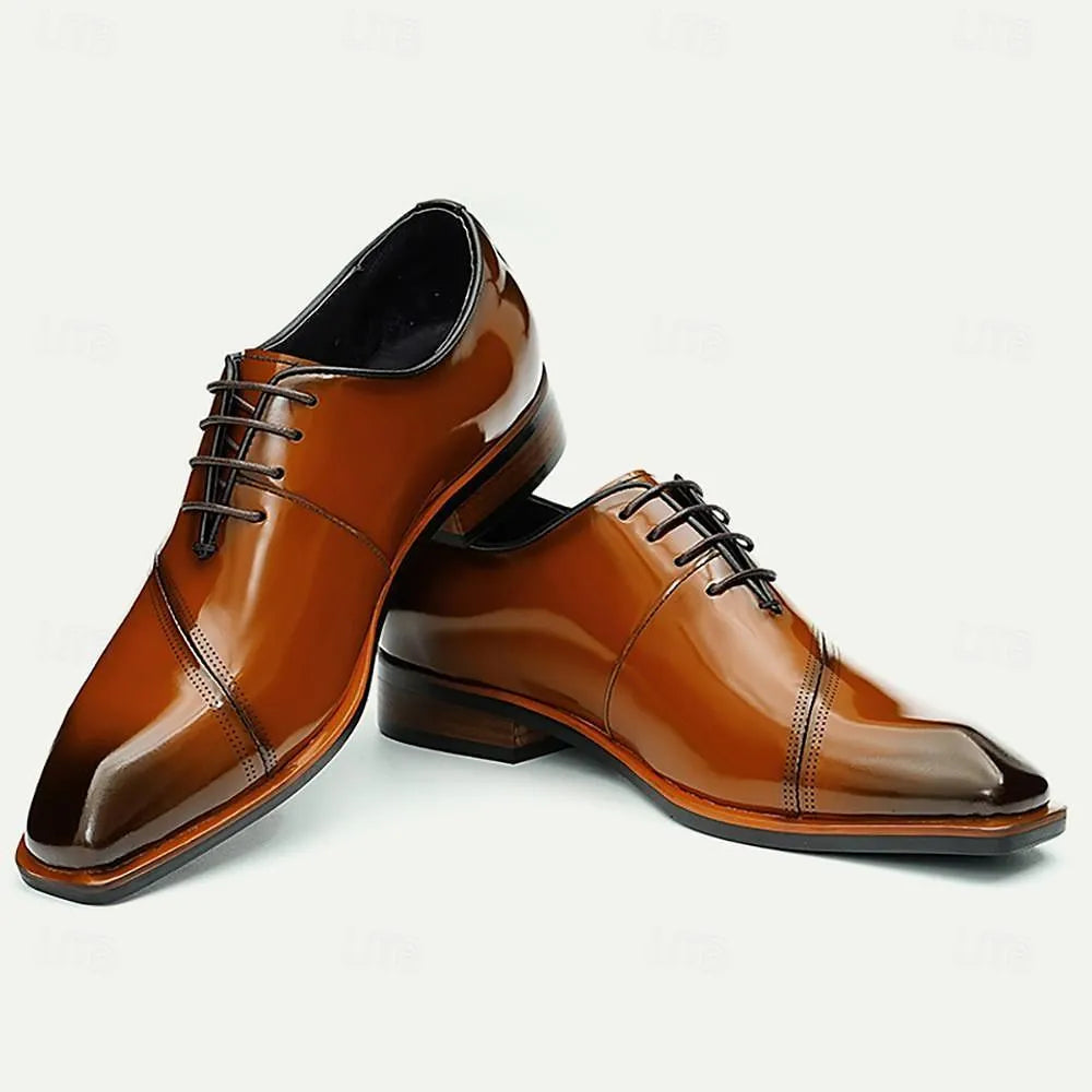 Men's Brown Leather Oxford Dress Shoes Polished Cap Toe - Tokiyos