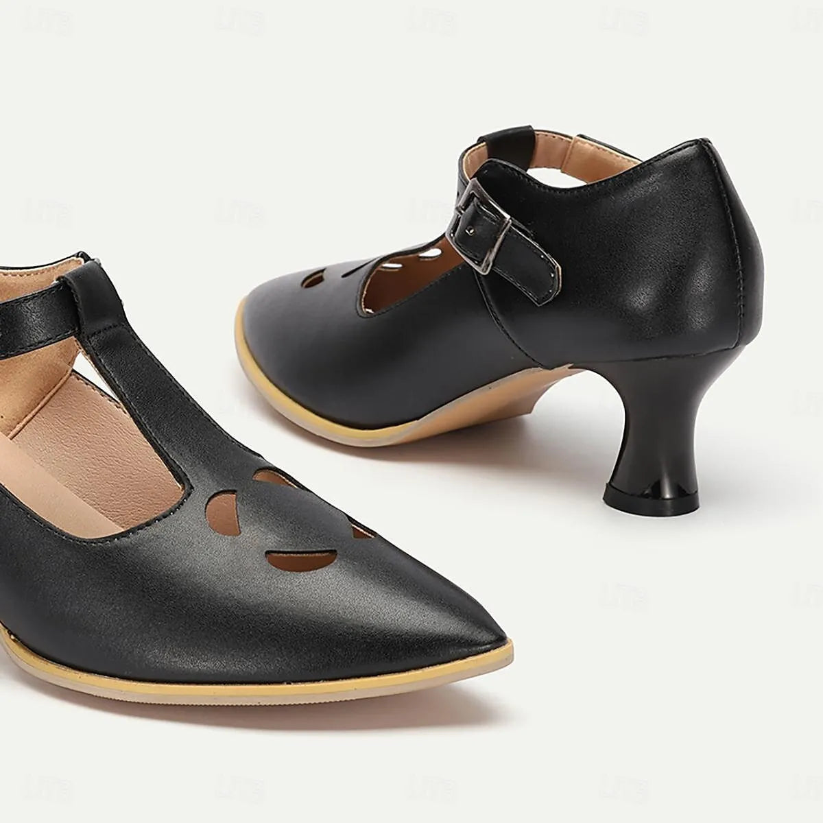 Black Leather T-Strap Heels for Women - Cutout Design with Buckle Closure - Tokiyos