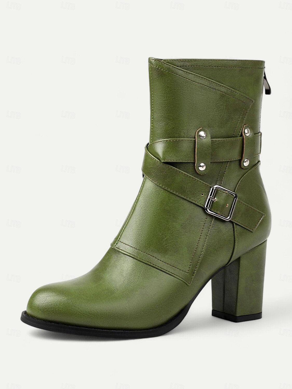 Women's Green Ankle Boots with Buckle Straps – Chunky Block Heel, Zip Closure, Perfect for Fall and Winter Fashion