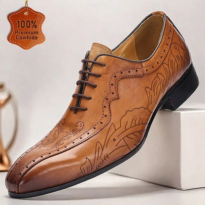 Men's Premium Cowhide Leather Oxford Shoes - Hand-Carved Floral Design Lace-Up Brogue Dress Shoes for Formal Occasions