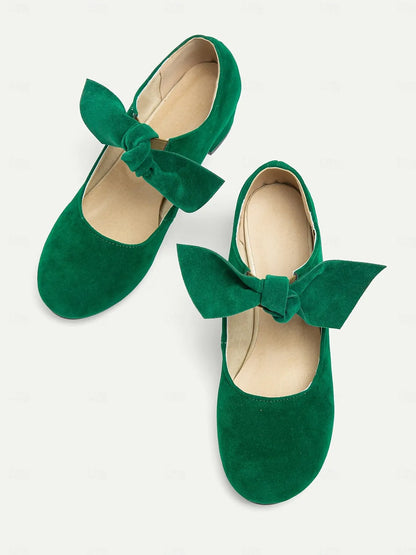 Women's Green Suede Mary Jane Shoes with Bow Detail