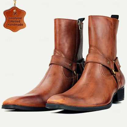 Men's Handmade Goodyear Welted Leather Ankle Boots with Harness Strap and Side Zipper