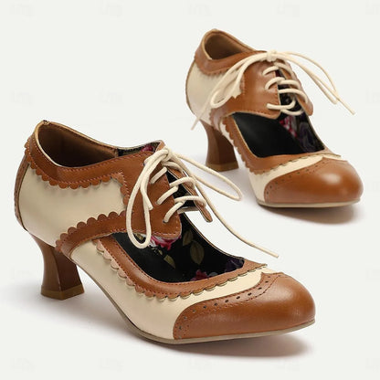 Women's Two-Tone Oxford Heels with Lace-Up Front and Floral Insole - Tokiyos