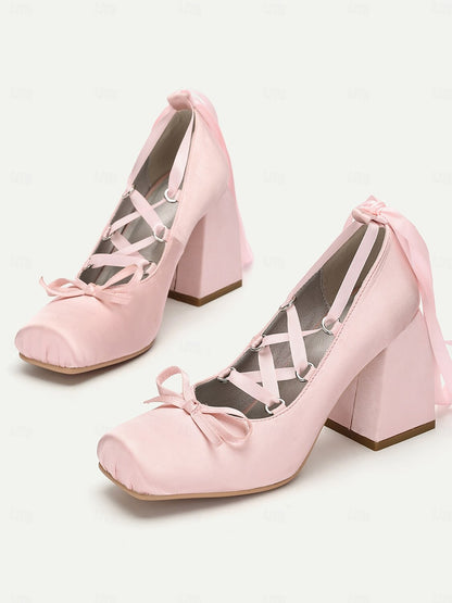 Women's Pink Satin Lace-Up Block Heels with Ribbon Ties-Ballet-Inspired Pumps for Special Occasions and Elegant Outfits