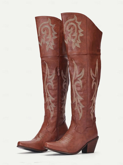 Women's Brown Western Over-the-Knee Cowboy Boots with Intricate Embroidery and Block Heel - Stylish and Comfortable High Boots for All Seasons