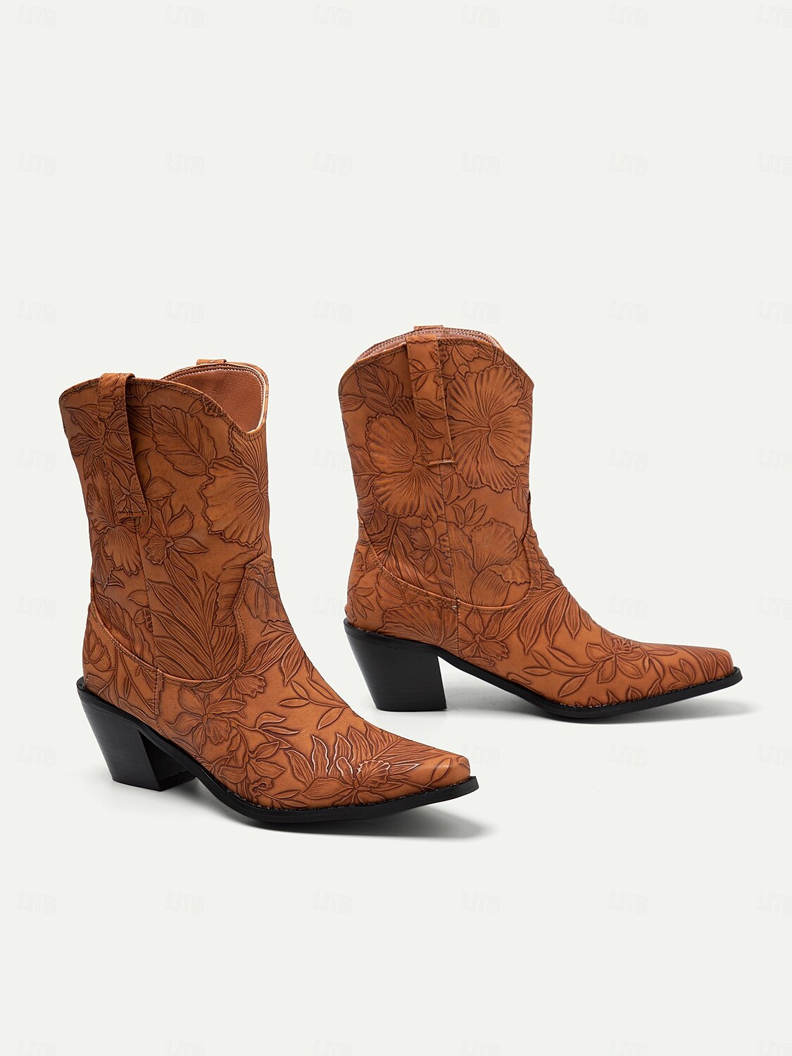 Women's Floral Embossed Western Cowboy Boots in Brown – Mid-Heel Pull-On Boots for Outdoor and Casual Wear