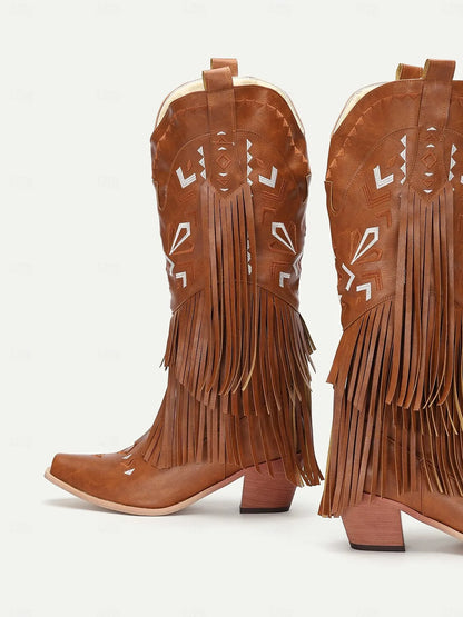 Women's Brown Faux Leather Fringe Western Cowboy Boots with Embroidered Details