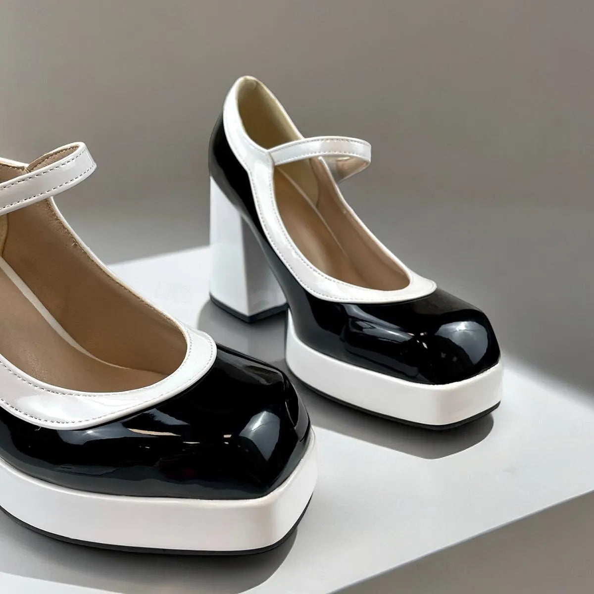 Black and White Platform Mary Jane Heels with Strap for Women - Tokiyos