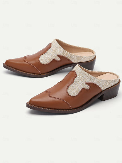 Women's Brown Slip-On Mules with Woven Accents and Western-Inspired Design, Comfortable Low Heels for Casual or Everyday Wear