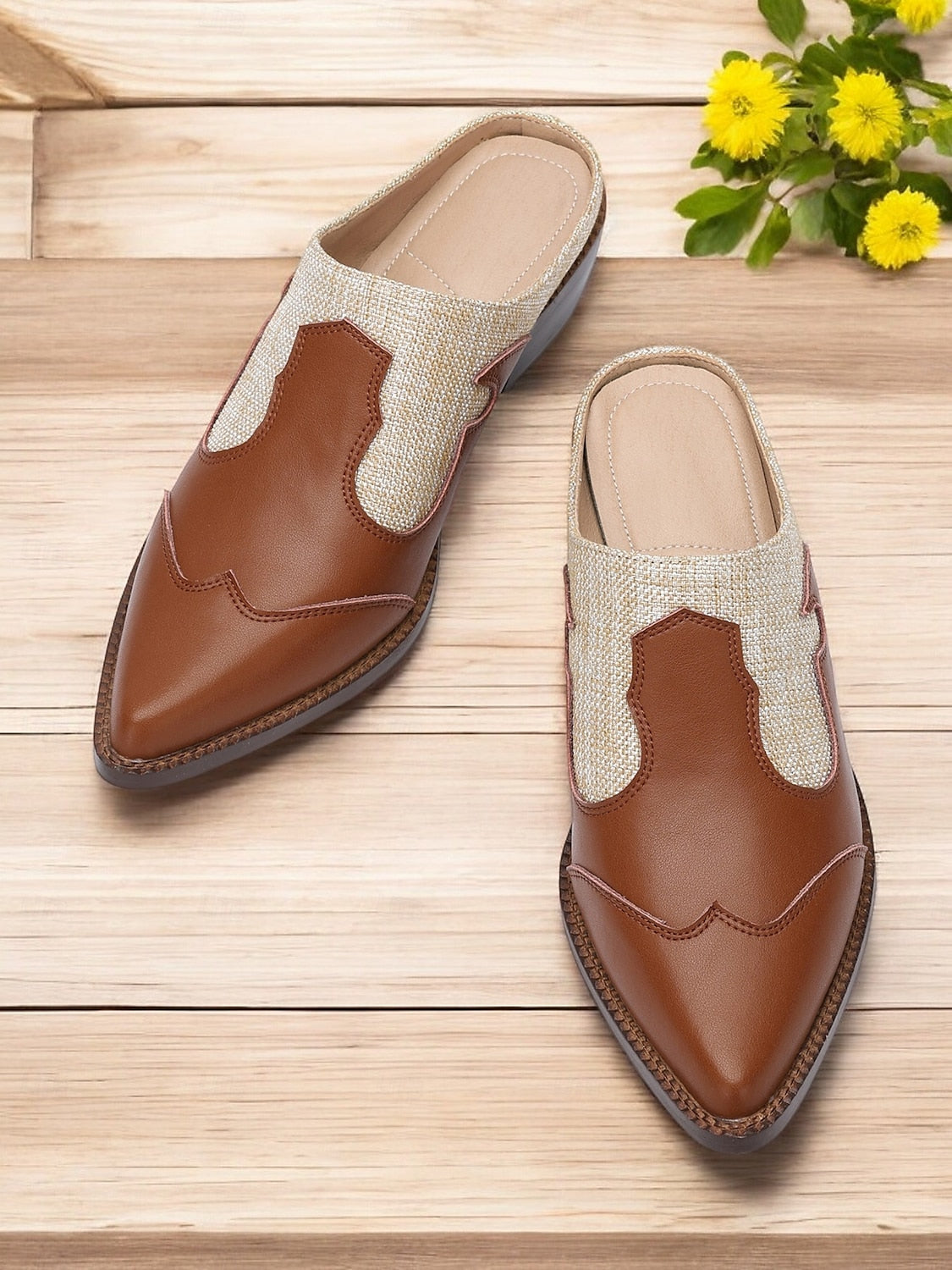 Women's Brown Slip-On Mules with Woven Accents and Western-Inspired Design, Comfortable Low Heels for Casual or Everyday Wear