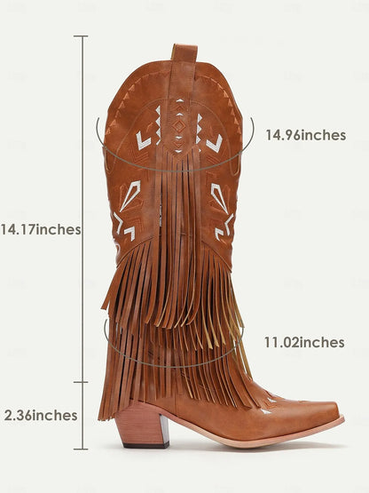 Women's Brown Faux Leather Fringe Western Cowboy Boots with Embroidered Details