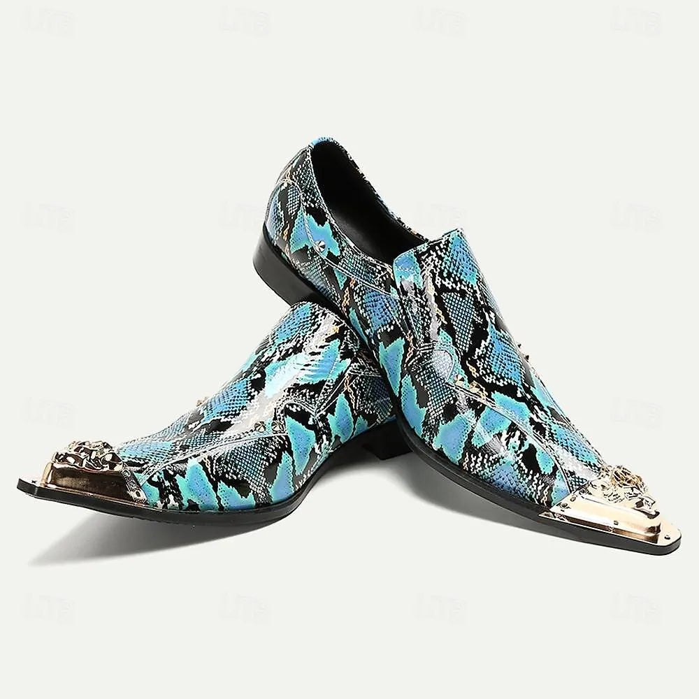 Men's Blue Snake Print Loafers Dress Shoes with Gold Lion Accents - Tokiyos