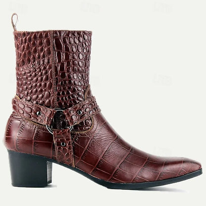 Men's Handmade Goodyear Welted Crocodile Embossed Leather Motorcycle Boots with Buckle Detail and Mid Heel - Vintage Style