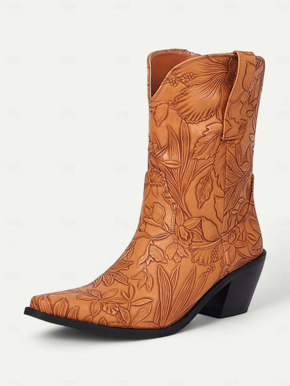 Women's Floral Embossed Western Cowboy Boots in Brown – Mid-Heel Pull-On Boots for Outdoor and Casual Wear