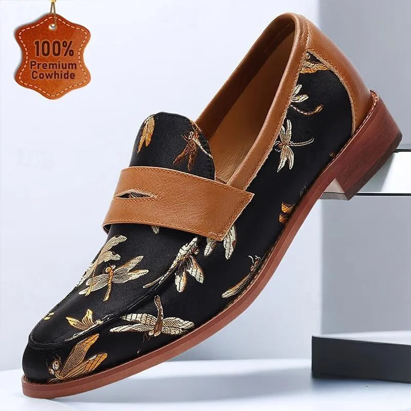 Men's Floral Embroidered Black Leather Loafers - Tokiyos