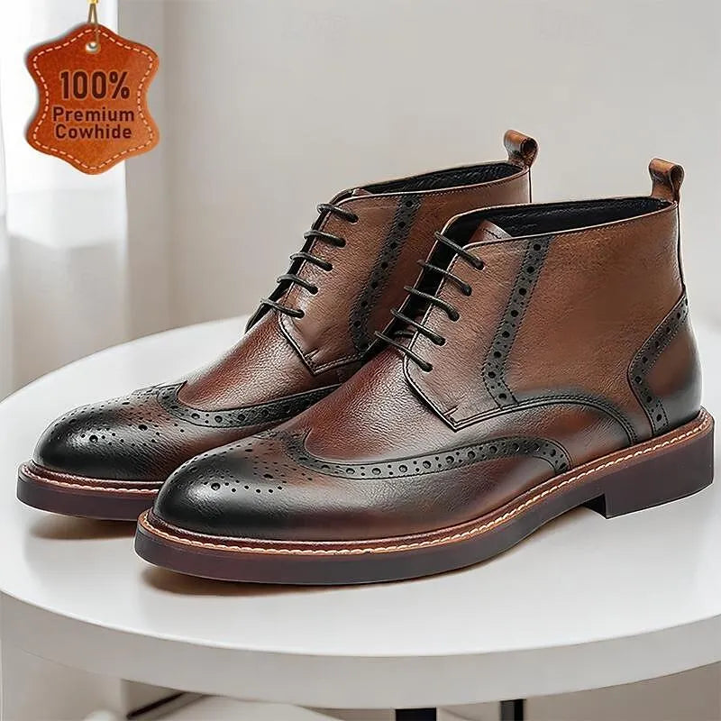 Men's Brogue Leather Boots - 100% Premium Cowhide with Lace-Up Design - Tokiyos