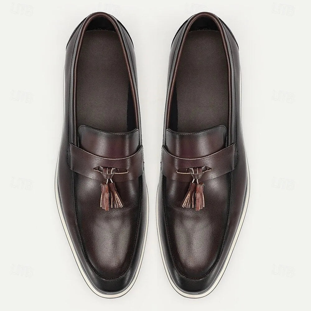 Men's Brown Premium Cowhide Tassel Loafers with White Sole - Comfortable & Stylish Footwear