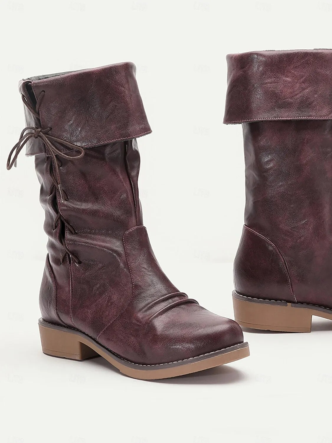 Women's Burgundy Convertible Mid-Calf Boots with Fold-Down Cuff and Lace-Up Detail - Versatile Vintage-Inspired Footwear for Casual and Fall Outfits