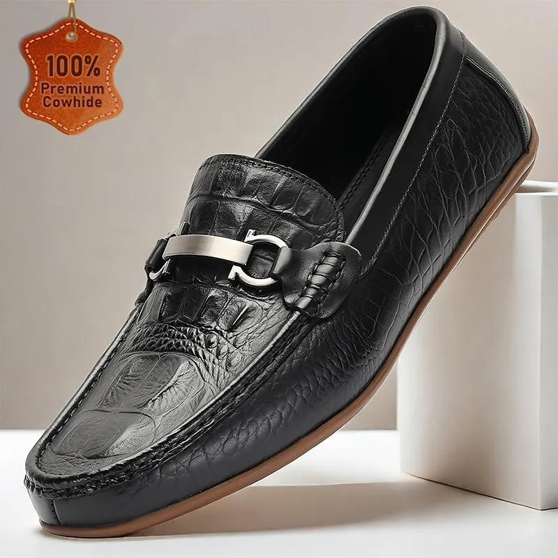 Men's Black Leather Crocodile Loafers with Metal Buckle - Tokiyos