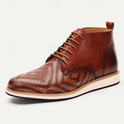 Men's Premium Cowhide Leather Lace-Up Ankle Boots with Woven Pattern