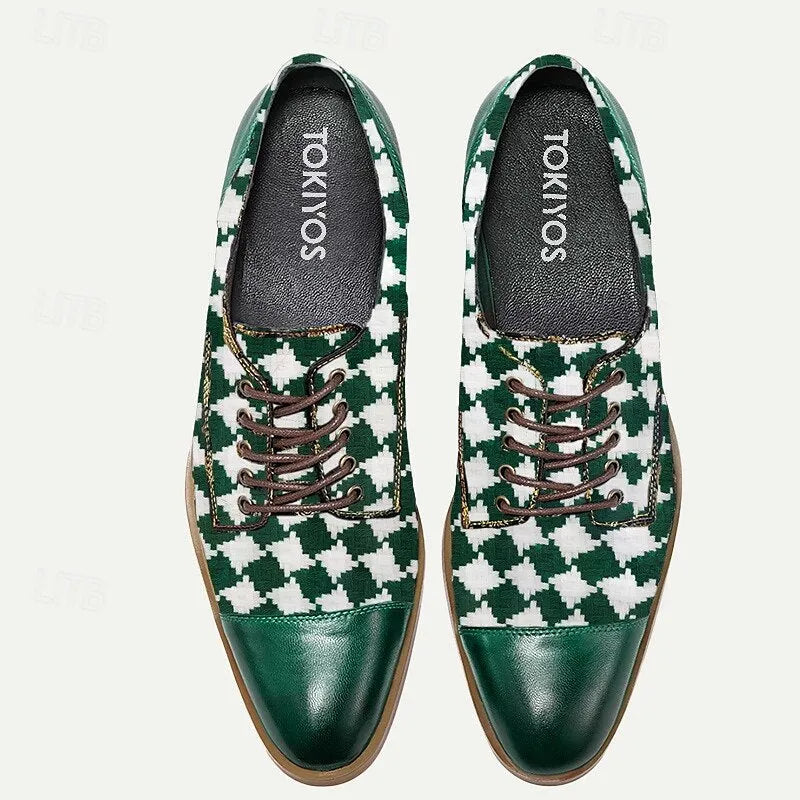 Men's Green and White Checkered Premium Cowhide Oxford Shoes with Leather Accents - Stylish & Comfortable