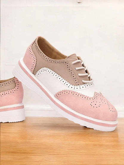 Women's Pink and Beige Brogue Oxford Sneakers, Lace-Up Casual Shoes with Wingtip Detailing for Everyday Wear