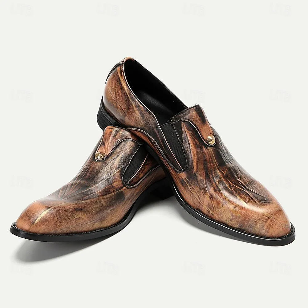 Men's Brown Leather Slip-On Dress Shoes - Classic Formal Loafers - Tokiyos