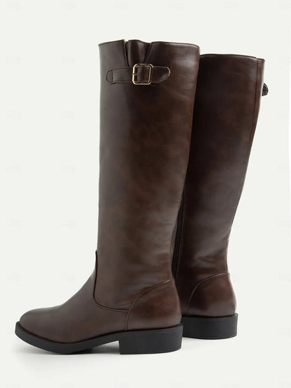 Women's Brown Knee-High Riding Boots with Buckle Detail and Side Zipper