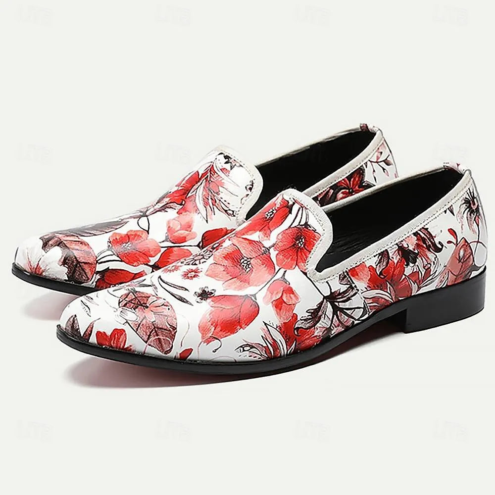 Men's Floral Print Slip-On Dress Shoes in Red and White - Tokiyos