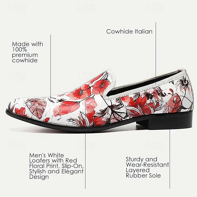 Men's Floral Print Slip-On Dress Shoes in Red and White - Tokiyos