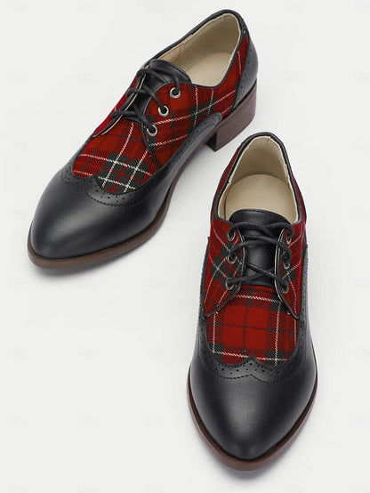 Women's Black Leather Oxford Shoes with Red Tartan Plaid Panels