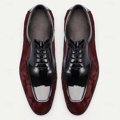 Men's Patent Leather and Pony Hair Oxford Shoes, Burgundy and Black Luxury Dress Shoes for Formal Events and Business Attire