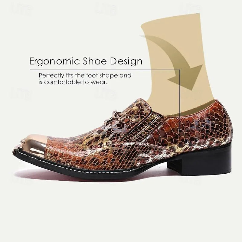 Men's Exotic Copper Snakeskin Print Leather Dress Shoes with Metal Cap Toe - Tokiyos