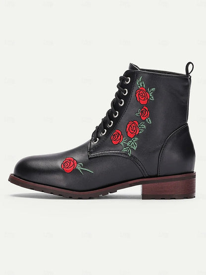 Women's Rose Embroidered Black Ankle Boots - Fashionable and Comfortable Footwear for Everyday Wear, Parties, and Outdoor Activities