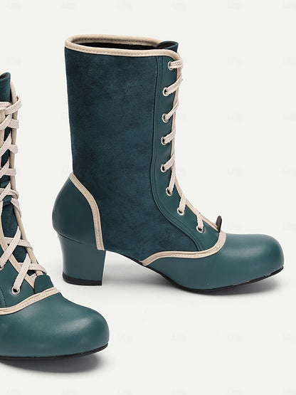 Women's Vintage Lace-Up Mid Heel Boots in Teal with Faux Suede and Faux Leather Panels – Ideal for Retro-Inspired Fashion, Cosplay, or Victorian-Style Costumes