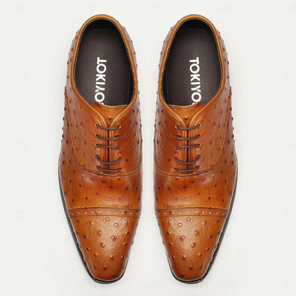 Men's Brown Ostrich Leather Oxfords: Elegant Brogue Detailing - Tokiyos