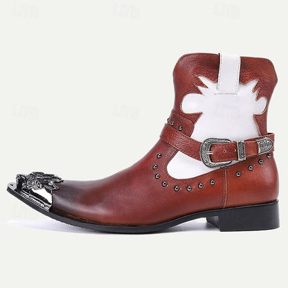 Men's Brown and White Premium Cowhide Motorcycle Boots with Western Style, Metal Dragon Toe Cap, and Buckle Strap - Ideal for Riding and Cowboy-Inspired Fashion