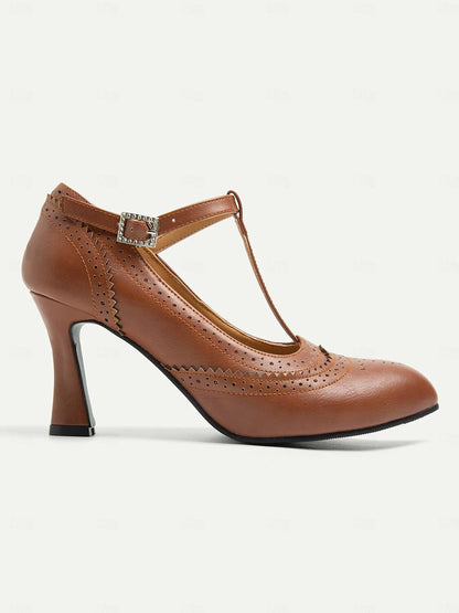 Women's Brown T-Strap Heeled Mary Jane Shoes with Brogue Detailing - Vintage Style High Heel Dress Shoes for Elegant Occasions