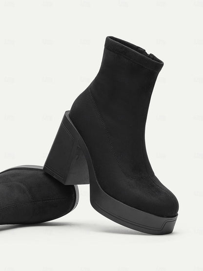 Women's Black Suede Platform Ankle Boots – Chunky High Heel Design for Casual and Party Wear