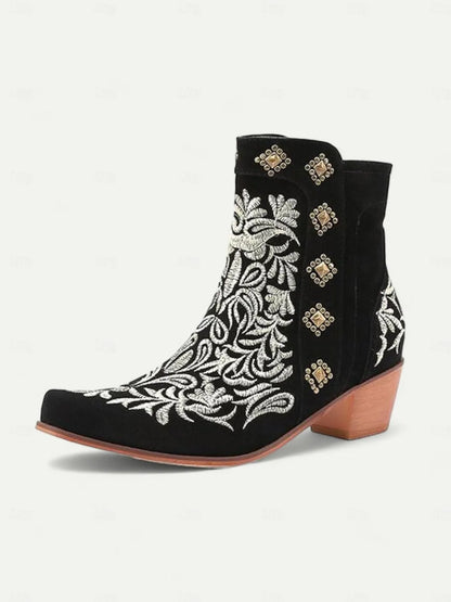 Women's Brown Embroidered Western Ankle Boots with Studded Details - Perfect for Casual Outings and Rodeo Events