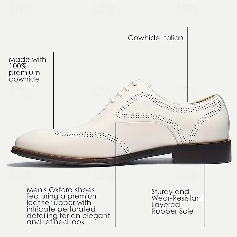 Men's White Leather Oxford Shoes with Perforation - Tokiyos