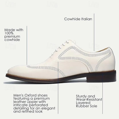 Men's White Leather Oxford Shoes with Perforation - Tokiyos