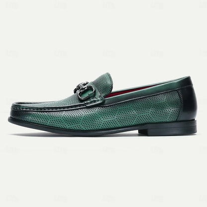 Men's Loafers Perforated Green Leather Silver Horsebit - Tokiyos