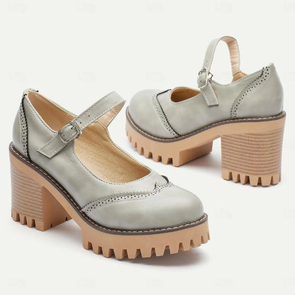 Chunky Platform Mary Jane Heels for Women - Gray Leather with Buckle Strap and Lug Sole - Tokiyos