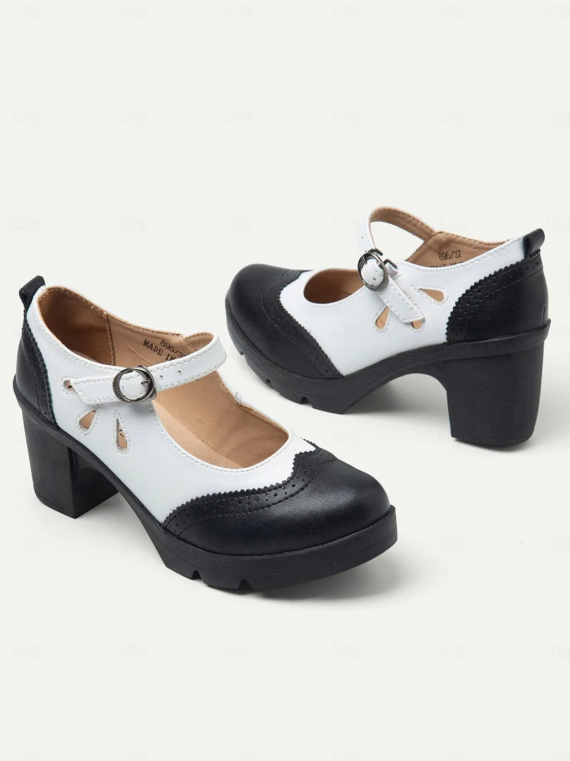 Women's Vintage Black and White Mary Jane Chunky Heel Shoes - Retro Brogue Style for Office and Casual Wear