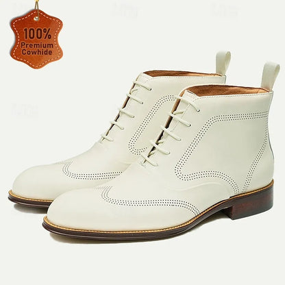 Men's Premium Cowhide White Oxford Boots Perforated Design