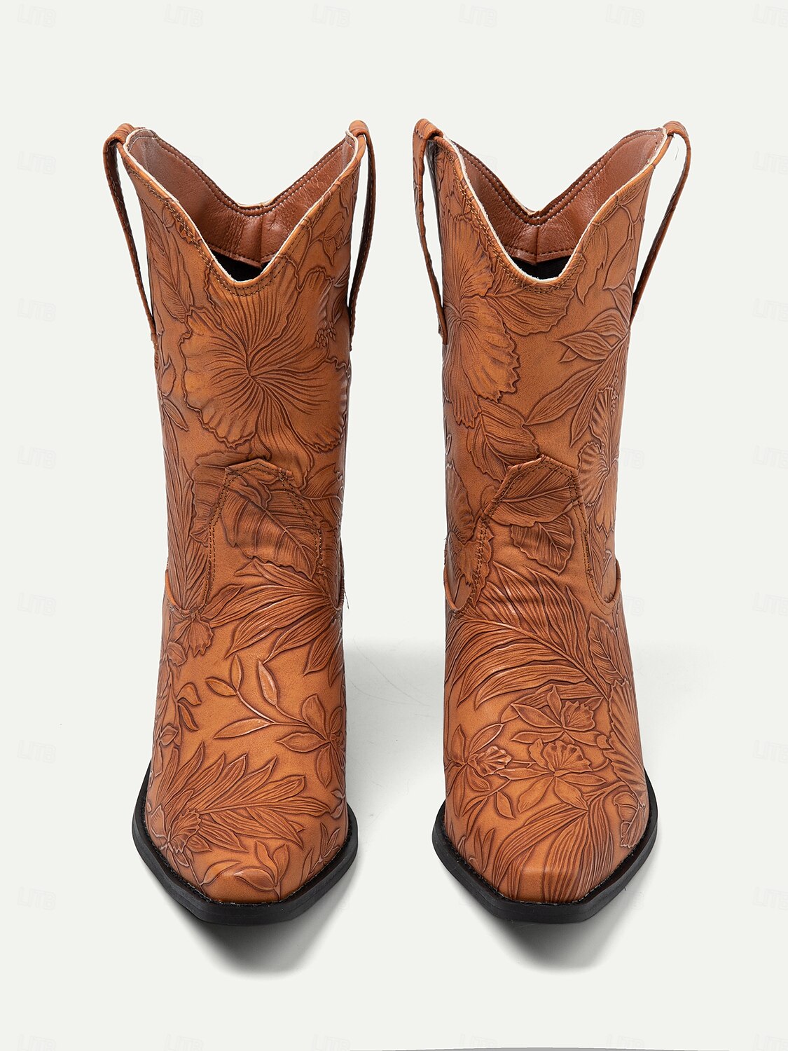 Women's Floral Embossed Western Cowboy Boots in Brown – Mid-Heel Pull-On Boots for Outdoor and Casual Wear