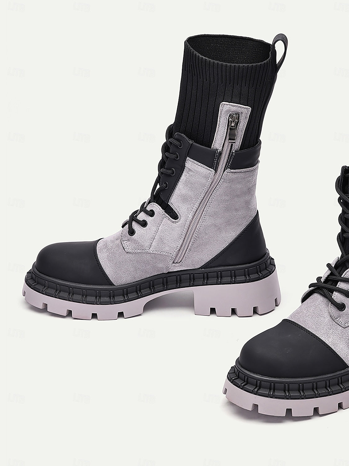 Women's Gray and Black Chunky Combat Boots with Knit Top and Side Zipper - Rugged Lace-Up Design for Outdoor and Streetwear